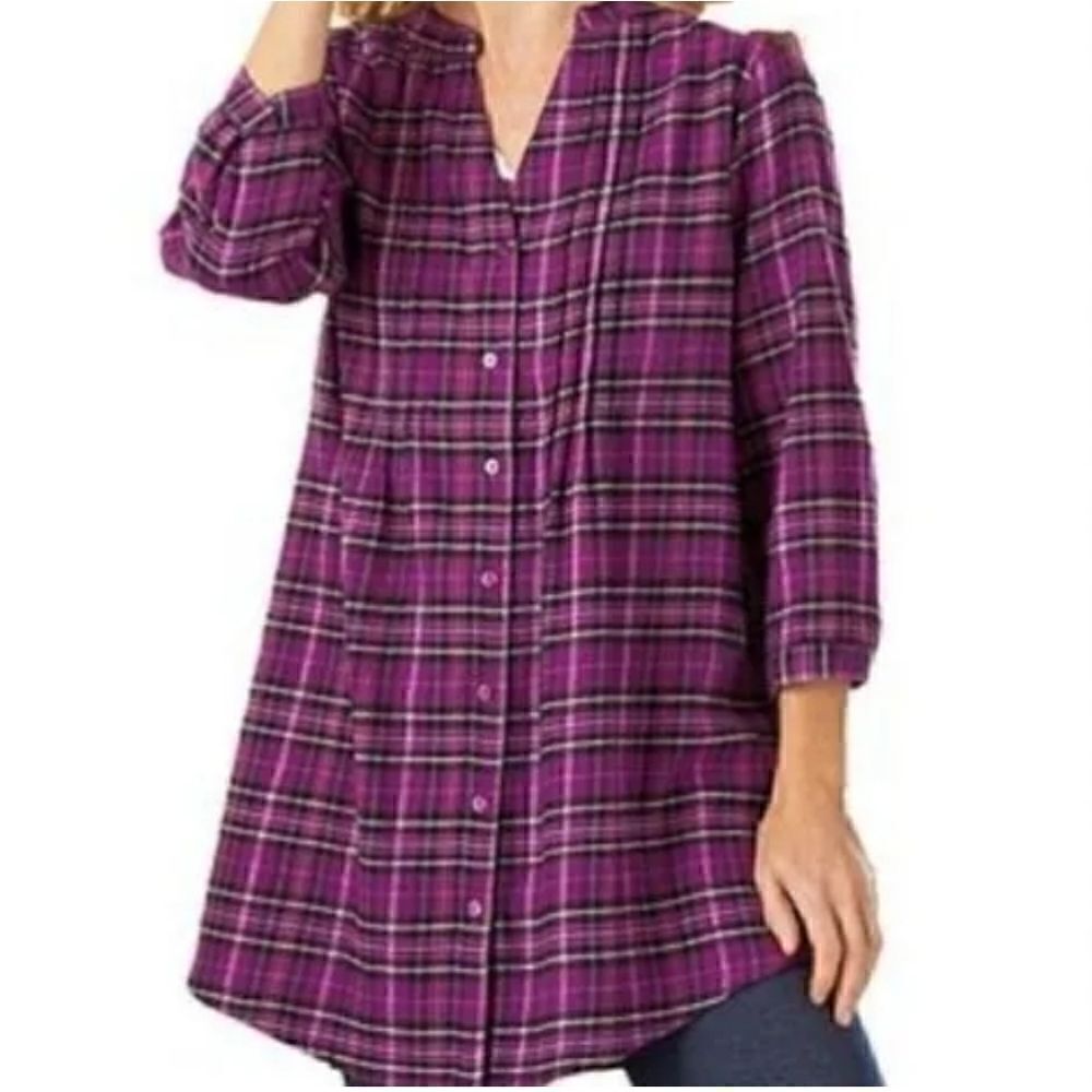 CW Classics Lightweight Flannel Purple Berry Plaid Tunic Top Sz XL NWOT